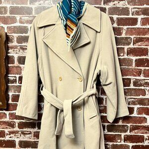 Kookai Paris Vintage Beige Pea Coat with Striped Silk Scarf